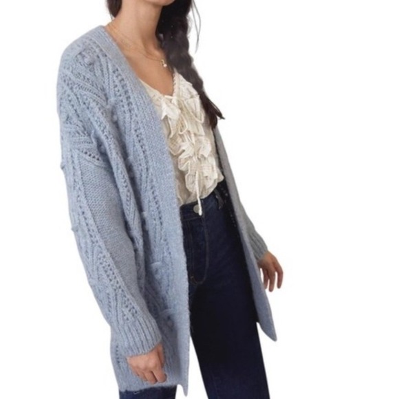ANTHROPOLOGIE Blue Chunky Cable Knit Longline Open Front Cardigan Sweater Small - Picture 10 of 10
